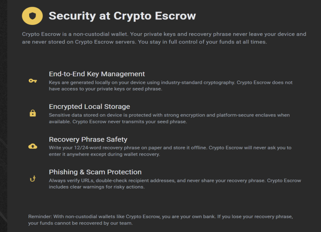 Crypto Escrow security page explaining local key management, encrypted storage and recovery phrase safety