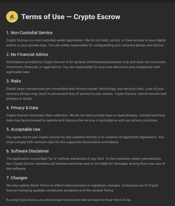 Crypto Escrow Terms of Use showing non-custodial service, risk and privacy information