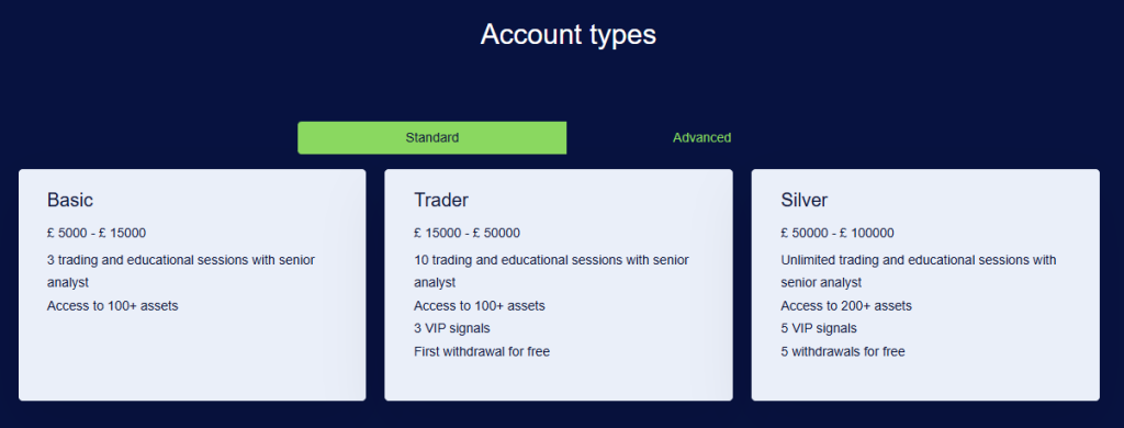 AURUM GROUP account tiers displayed on the pricing page, from entry level to advanced accounts
